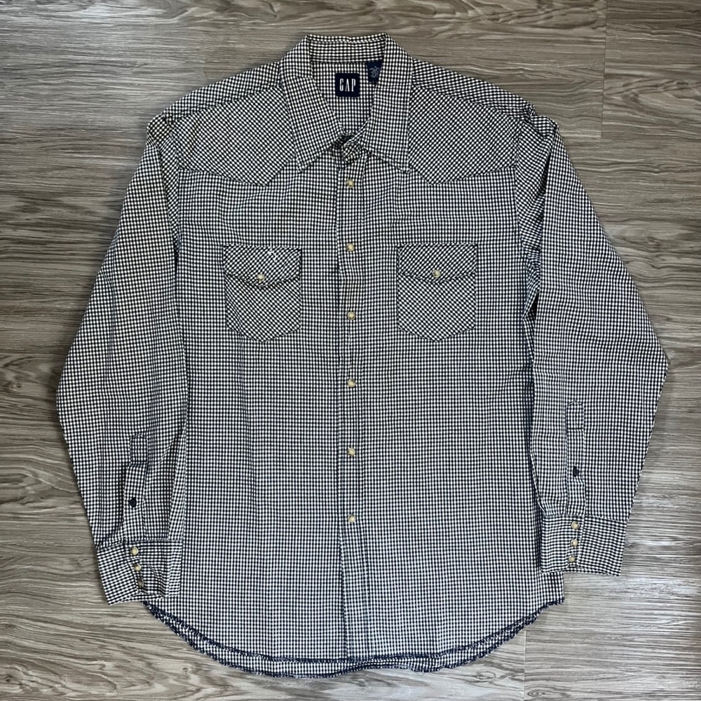 Vintage 90's Gap Mens Western Shirt Large Black White Pearl Snap Long Sleeve